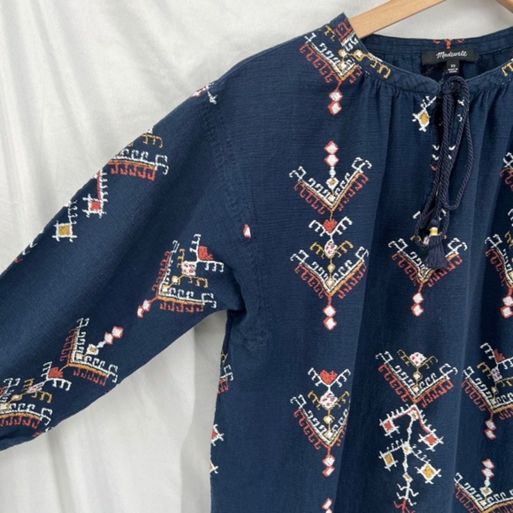 madewell folkstitch popover peasant blouse boho top navy blue southwestern‎ XS - Picture 3 of 9